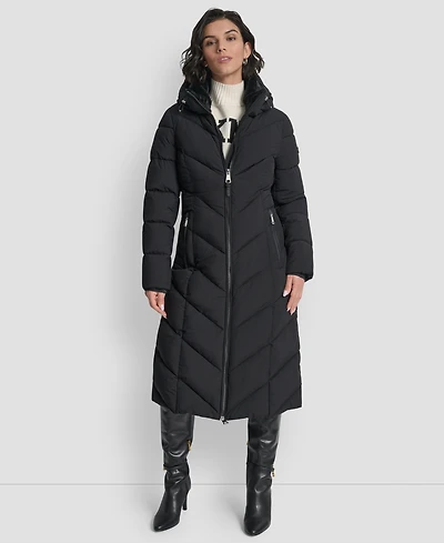 Dkny Women's Hooded Zip Front A-Line Maxi Puffer Coat