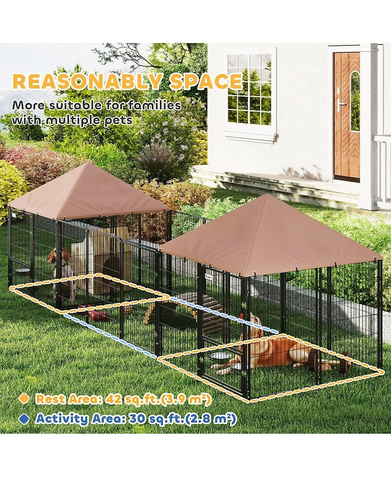 PawHut Dog Kennel Outside with 2 Rooms, Rotating & Adjustable Height Bowls