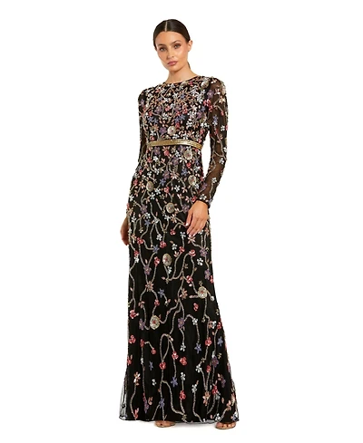 Mac Duggal Women's Long Sleeve Embellished Mesh Gown