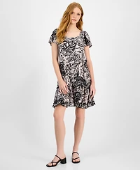 Robbie Bee Petite Printed Sleeveless Ruffle-Trim A-Line Dress