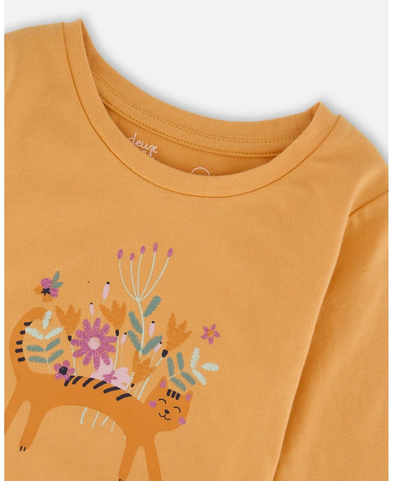Deux par Big Girls Cotton T-Shirt Golden Yellow with Cat