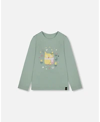 Deux par Girl Cotton Jersey Top Jade Green with Owl