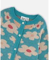 Deux par Girl Button Front Knitted Cardigan Turquoise Blue