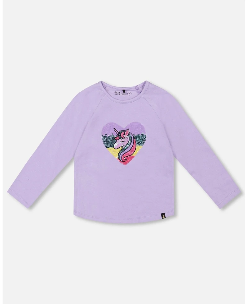 Deux par Girl Cotton Long Sleeve T-Shirt Lavender with Sequin Unicorn - Toddler|Child