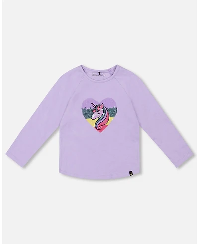Deux par Girl Cotton Long Sleeve T-Shirt Lavender with Sequin Unicorn - Toddler|Child