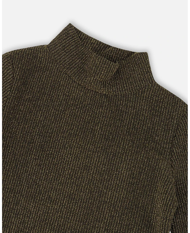Deux par Girl Shiny Rib Mock Neck Top Black and Gold