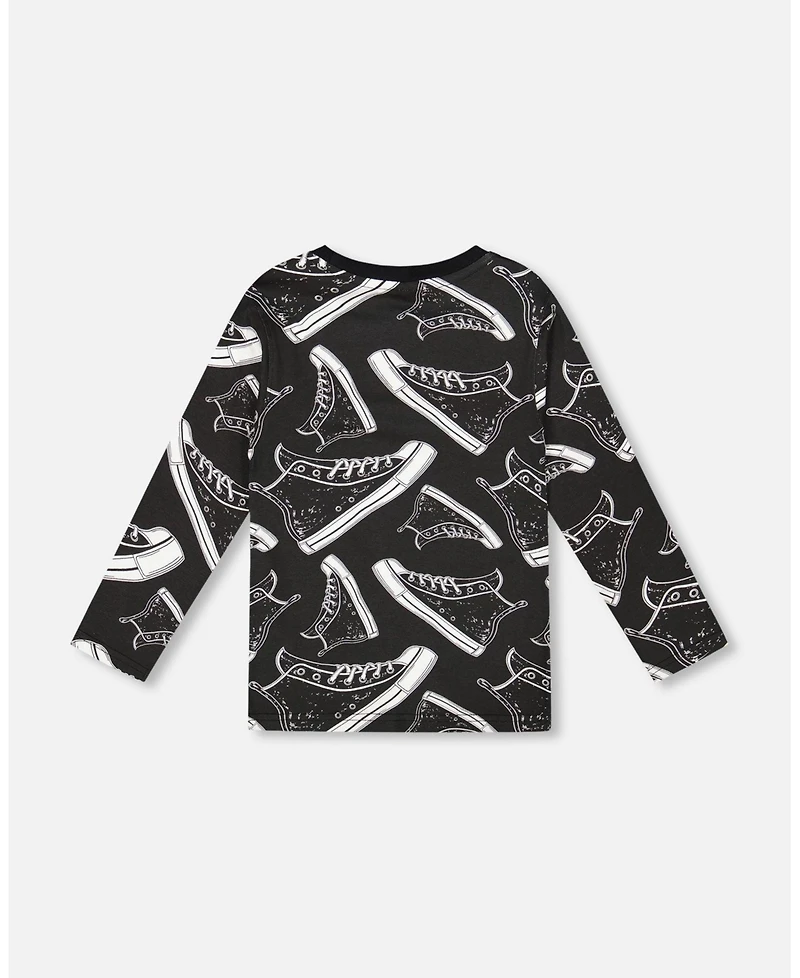 Deux par Boy Long Sleeve Cotton Allover Print Tee Black - Child