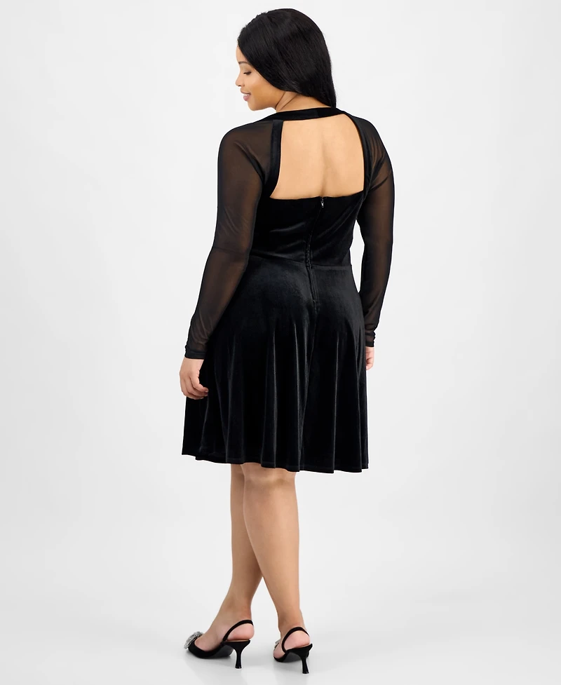 City Studios Trendy Plus Mesh-Sleeve Velvet Fit & Flare Dress