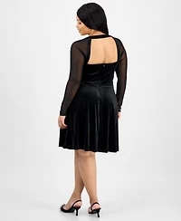 City Studios Trendy Plus Mesh-Sleeve Velvet Fit & Flare Dress