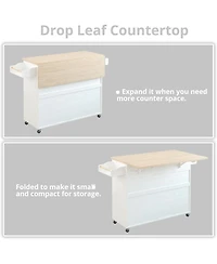 Rolling Kitchen Island Cart with Drop-Leaf and Wine Rack, White