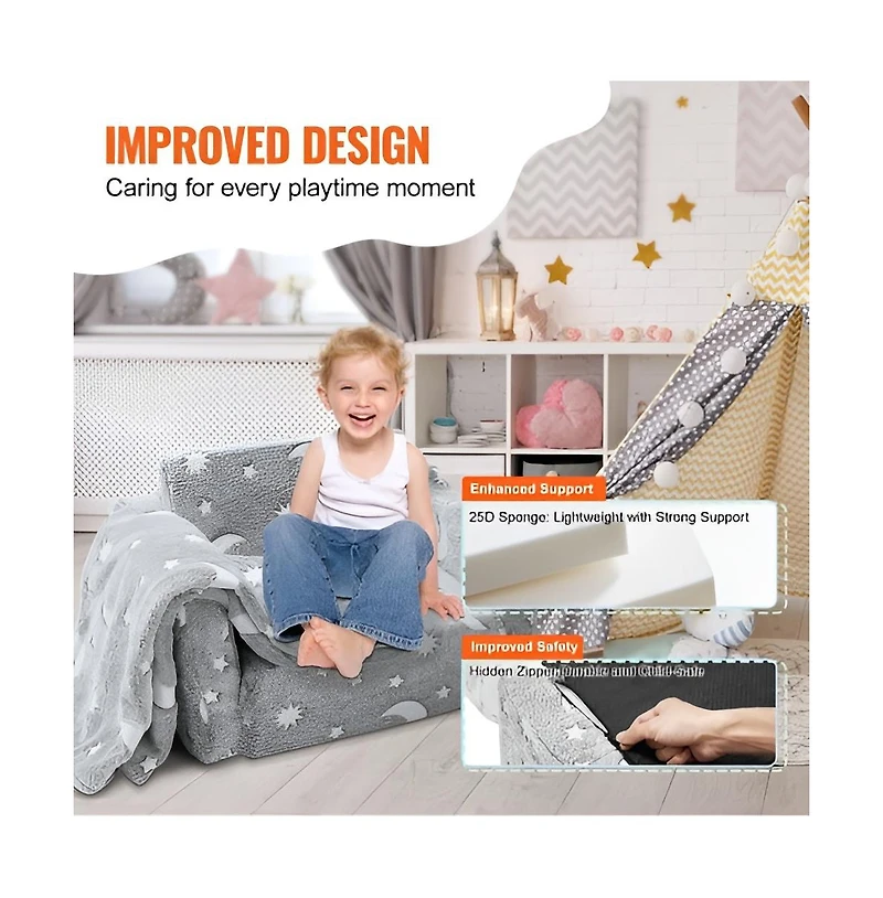 Slickblue Convertible Kids Sofa to Lounger, Glow-in-the-Dark Flip-Out Couch for Bedroom Use