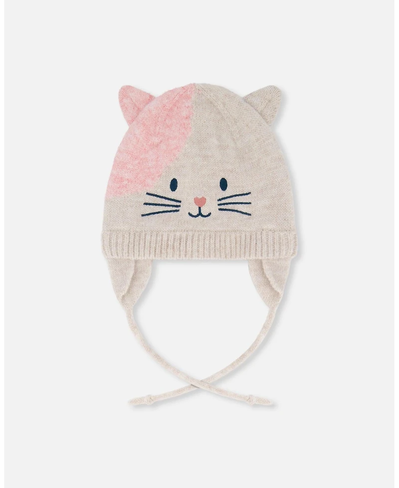 Deux par Girl Lined Knit Hat with Ears Off-White and Pink - Toddler|Child