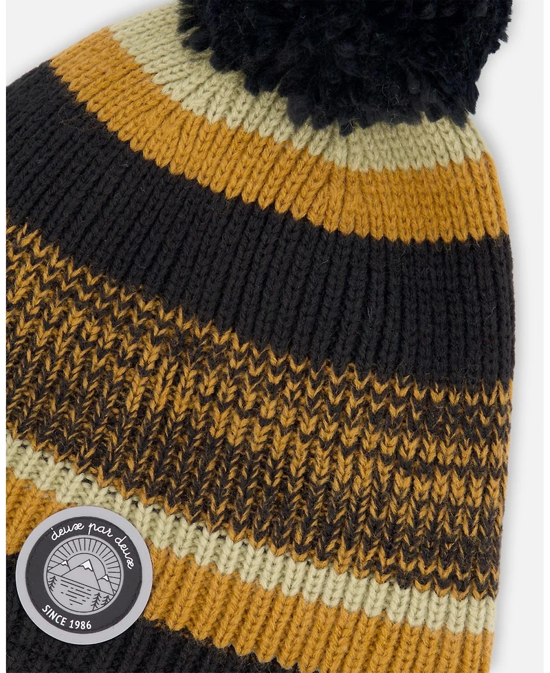 Deux par Boy Lined Knit Pompom Hat Black and Brown - Toddler|Child
