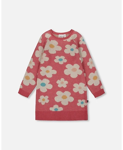 Deux par Girl Knitted Dress with Flower Jacquard Old Pink and Beige - Child