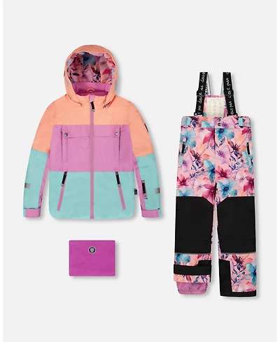 Deux par Big Girls Two-Piece Teknik Snowsuit with Colorblocked Jacket Pink Watercolor Flower Print