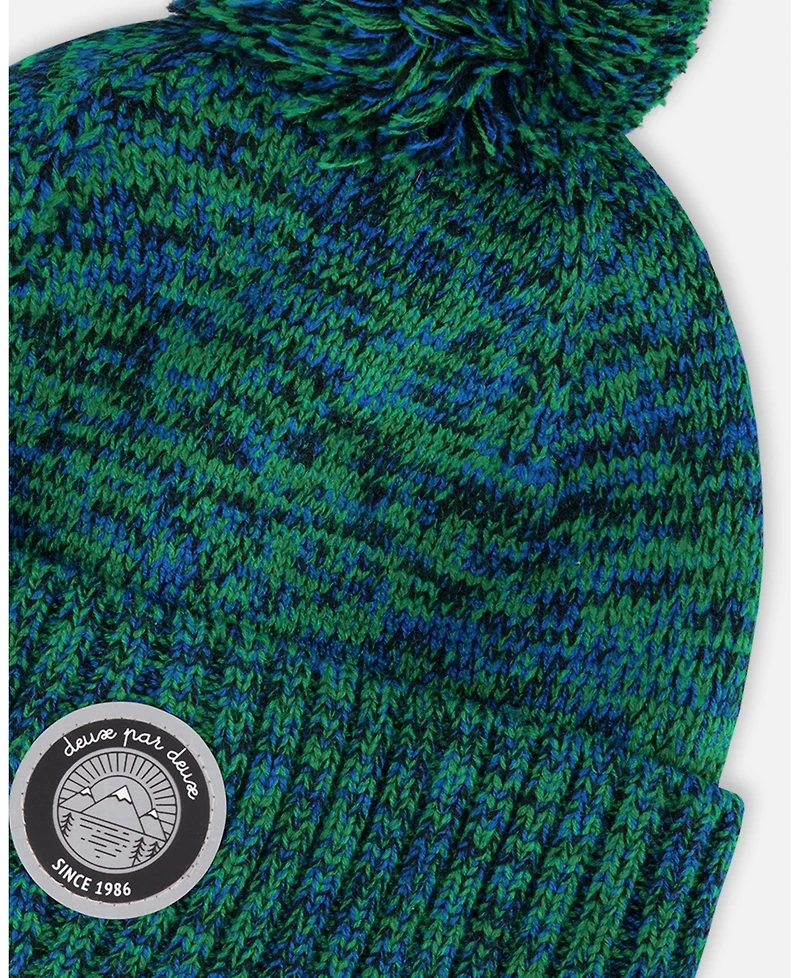 Deux par Boy Lined Knit Pompom Hat Green and Blue - Toddler|Child