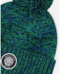 Deux par Boy Lined Knit Pompom Hat Green and Blue - Toddler|Child