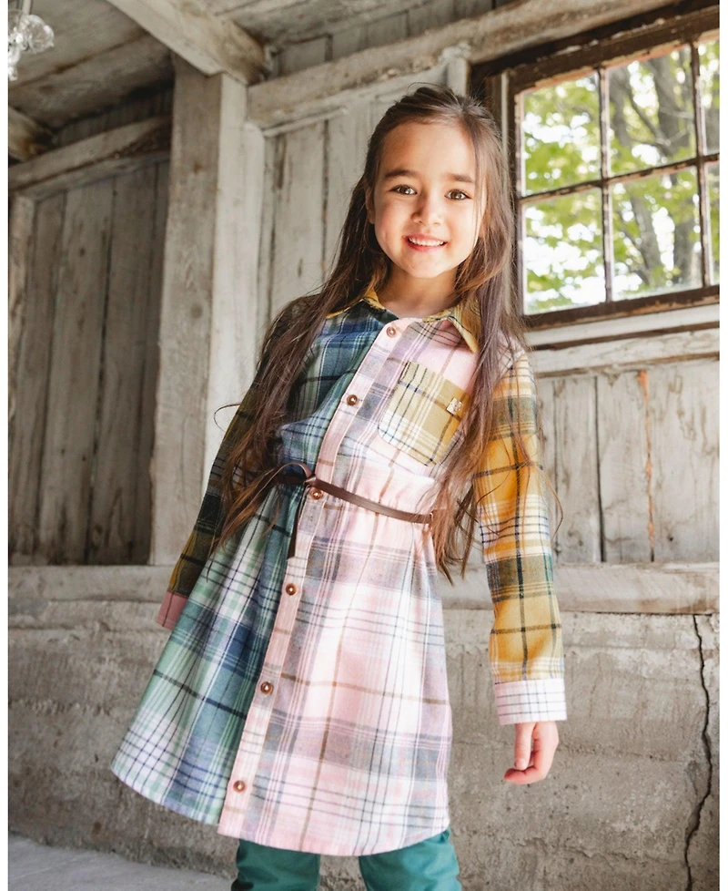 Deux par Big Girls Shirt Dress with Belt Green Pink and Yellow