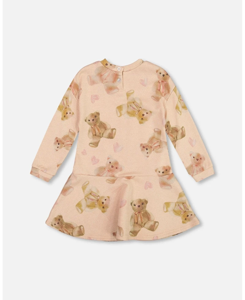 Deux par Toddler Girls Glittering French Terry Dress Beige Teddy Bear Print - Toddler|Child