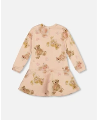 Deux par Toddler Girls Glittering French Terry Dress Beige Teddy Bear Print - Toddler|Child