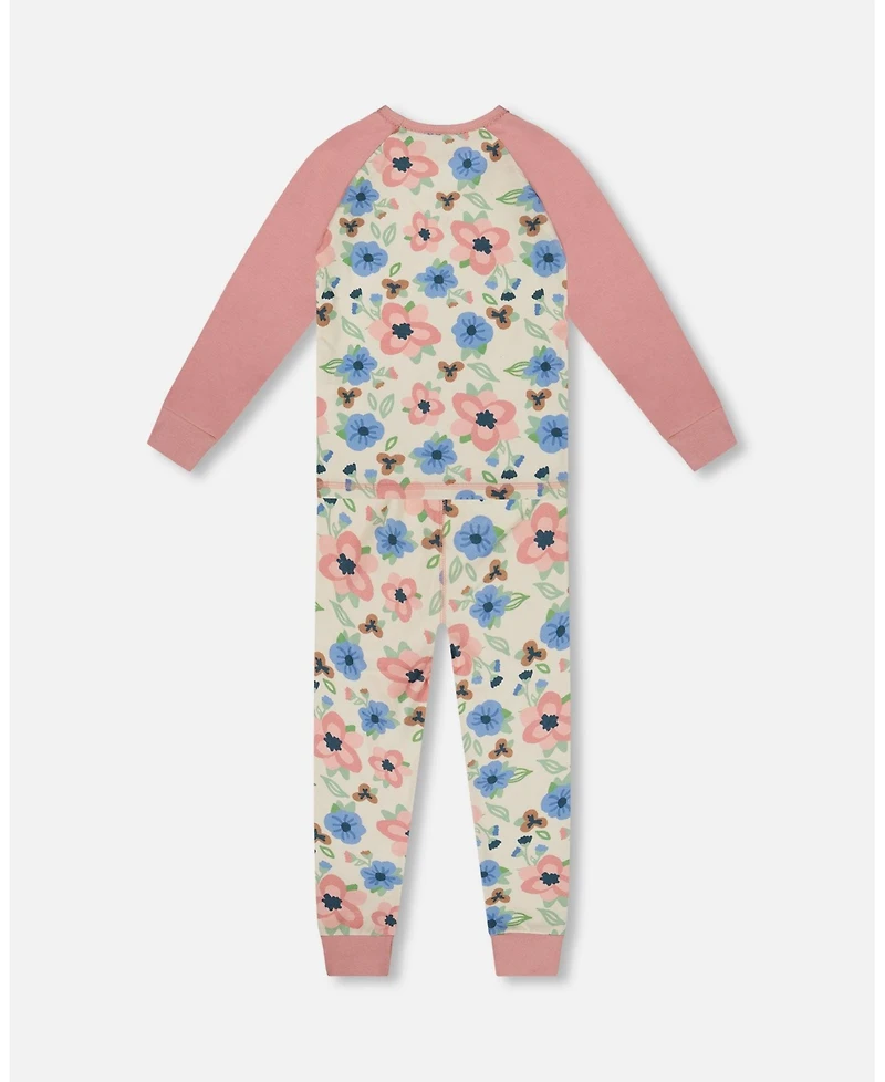 Deux par Girl Cotton Two-Piece Pajamas Off-White Flower Print