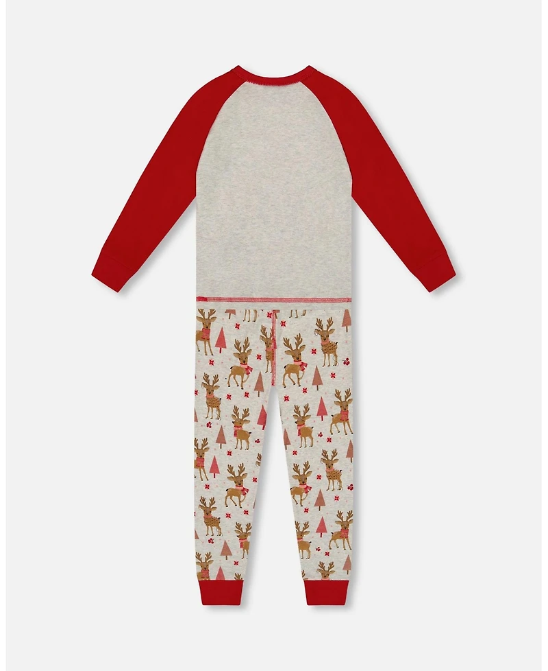 Deux par Girl Cotton Two-Piece Pajamas Beige Girly Reindeer Print