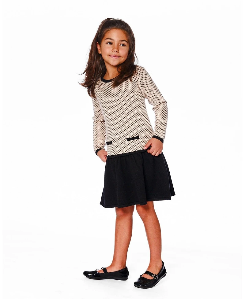 Deux par Girl Long Sleeve Knit Sweater Dress Black and Beige