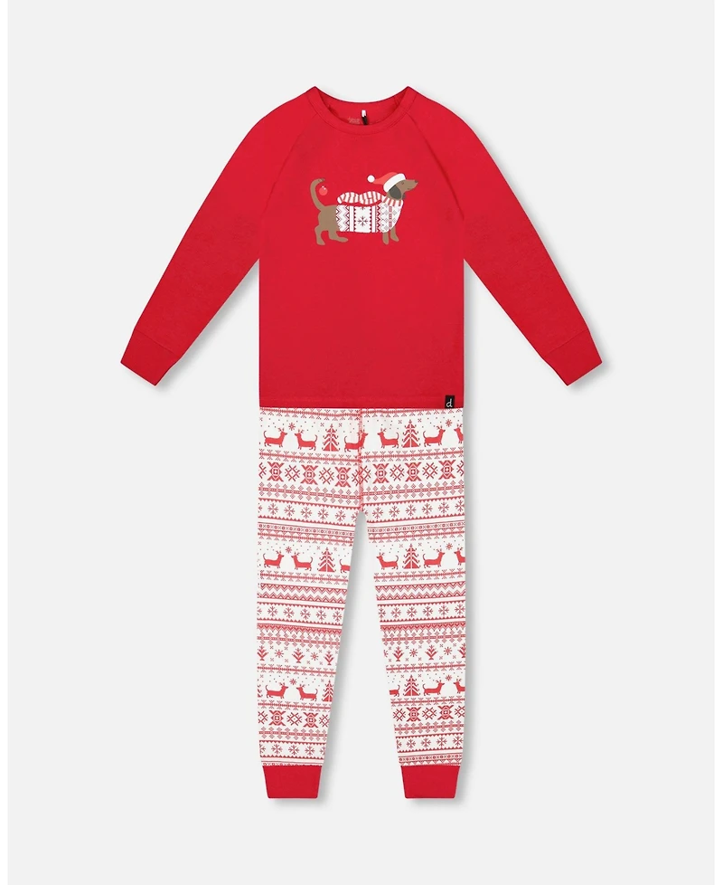 Deux par Baby Unisex Cotton Two-Piece Pajama Set Red and White Fairisle