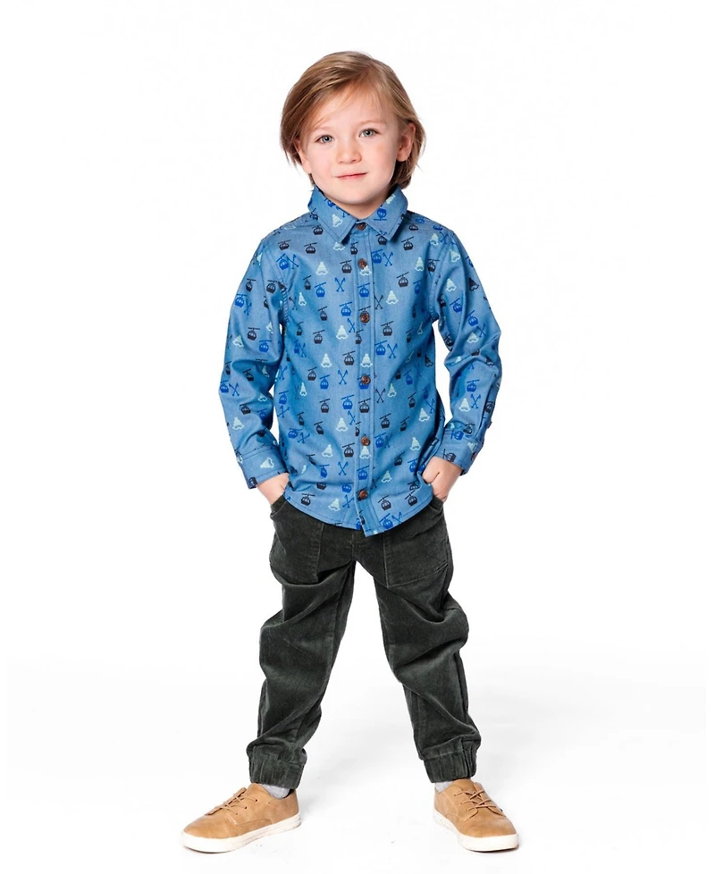 Deux par Baby Boy Printed Long Sleeve Button Front Chambray Shirt Blue