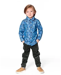 Deux par Baby Boy Printed Long Sleeve Button Front Chambray Shirt Blue