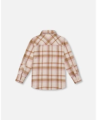 Deux par Big Girls Plaid Overshirt Off-White, Beige and Pink