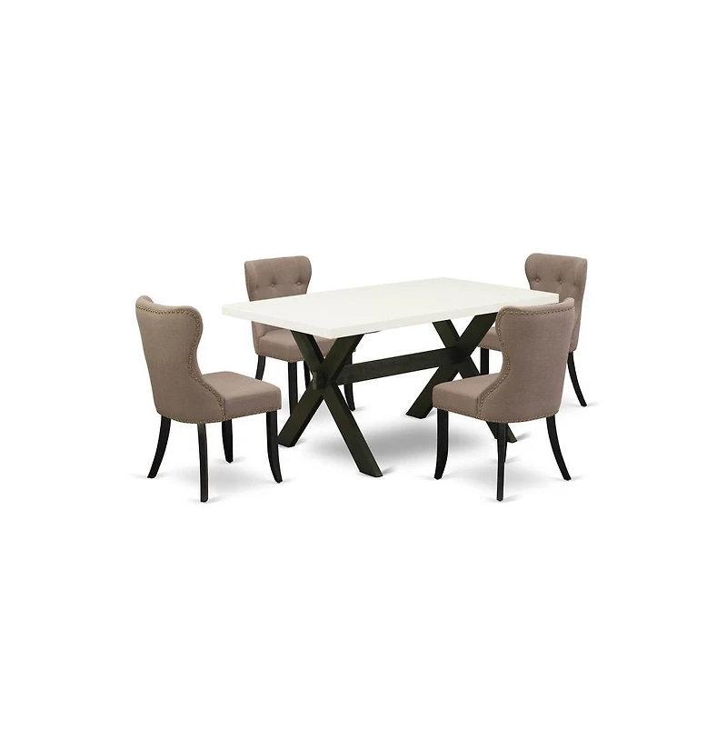 East West Furniture 5-Pc Dining Room Table Set-Coffee Linen Fabric Seat and Button Tufted Back Parson Dining Chairs and Rectangular Top Kitchen Table