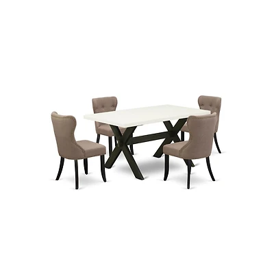 East West Furniture 5-Pc Dining Room Table Set-Coffee Linen Fabric Seat and Button Tufted Back Parson Dining Chairs and Rectangular Top Kitchen Table