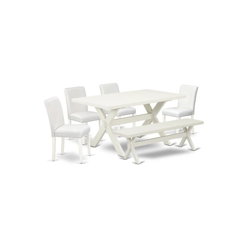 East West Furniture 6-Piece Stylish Dining Set a Superb Linen White Wood Table Top and Linen White Small Bench and 4 Lovely Solid Wood Legs and Pu Lea