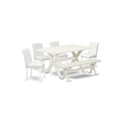 East West Furniture 6-Piece Stylish Dining Set a Superb Linen White Wood Table Top and Linen White Small Bench and 4 Lovely Solid Wood Legs and Pu Lea