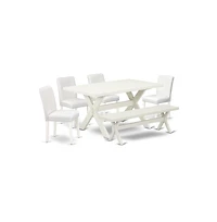 East West Furniture 6-Piece Stylish Dining Set a Superb Linen White Wood Table Top and Linen White Small Bench and 4 Lovely Solid Wood Legs and Pu Lea