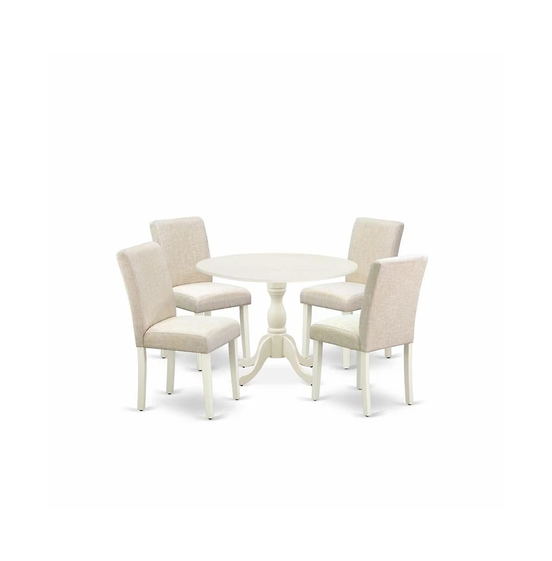 East West Furniture 5 Piece Modern Dining Table Set Contains 1 Drop Leaves Dining Table and 4 Light Beige Linen Fabric Dining Room Chairs with High Ba