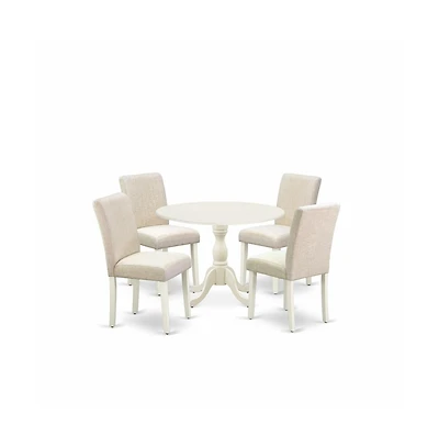 East West Furniture 5 Piece Modern Dining Table Set Contains 1 Drop Leaves Dining Table and 4 Light Beige Linen Fabric Dining Room Chairs with High Ba