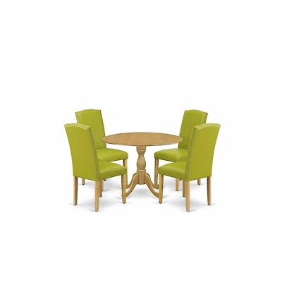 East West Furniture 5 Piece Modern Dining Table Set - Oak Breakfast Table and 4 Autumn Green Pu Leather Dining Chairs with High Back - Oak Finish