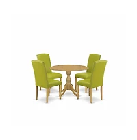 East West Furniture 5 Piece Modern Dining Table Set - Oak Breakfast Table and 4 Autumn Green Pu Leather Dining Chairs with High Back - Oak Finish