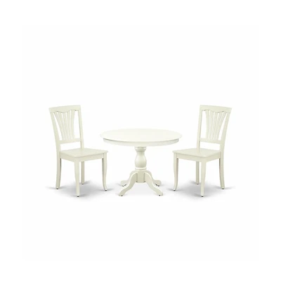 East West Furniture 3 Piece Kitchen Set - Linen White Dinning Table and 2 Linen White Wooden Dining Chairs with Slatted Back - Linen White Finish
