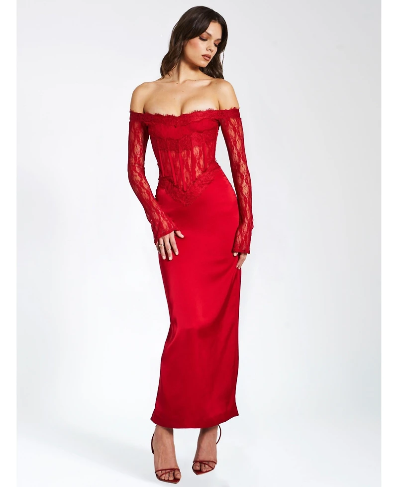 Miss Circle Women's Nessa Red Lace Satin Corset Maxi Dress