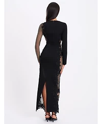 Miss Circle Women's Bailey Lace Trim Crystal Net Cutout Long Sleeve Gown