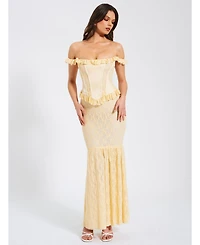Miss Circle Women's Ersilia Pale Yellow Satin Lace Peplum Corset Off Shoulder Maxi Dress