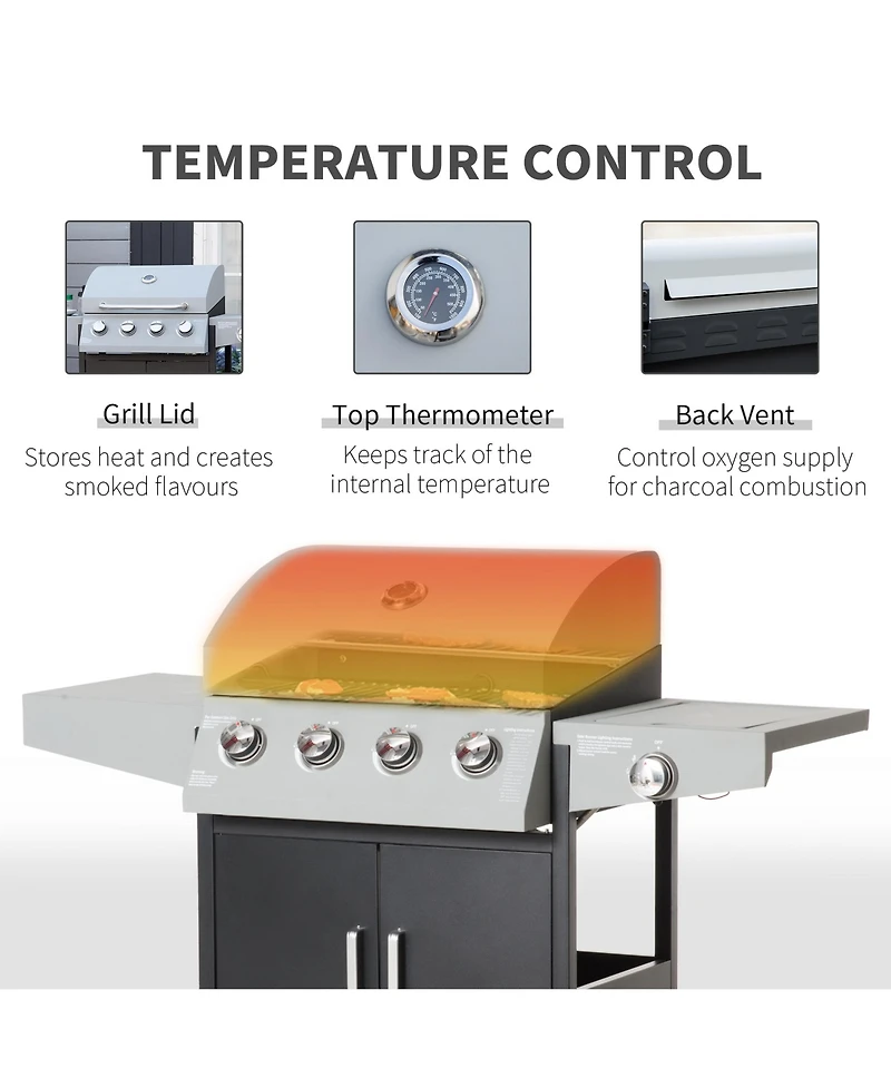 Outsunny 4 Burner Propane Gas Grill with Side Burner,