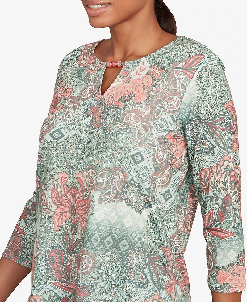 Ruby Rd. Petite Floral Patchwork Split Beaded Neck Top