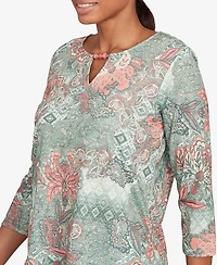 Ruby Rd. Petite Floral Patchwork Split Beaded Neck Top