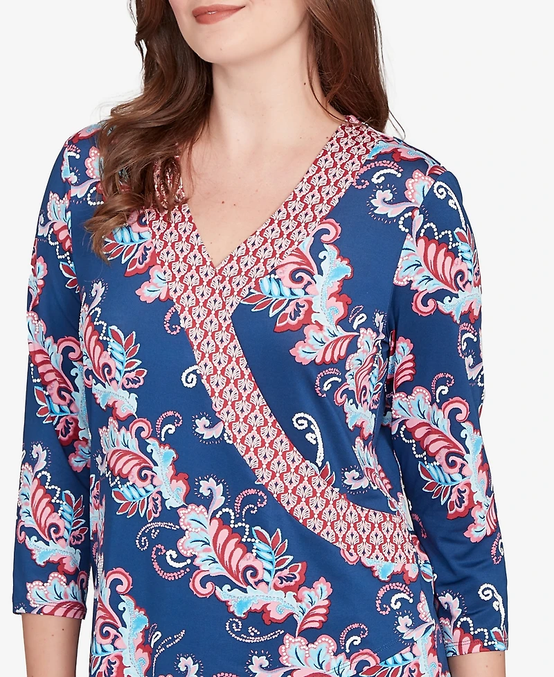 Ruby Rd. Petite Ikat Floral Puff Print Surplice Top