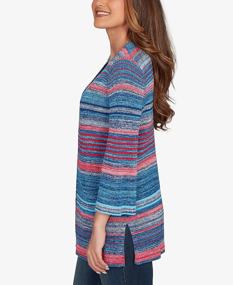 Ruby Rd. Petite Open Ribbed Stripe Front Pocket Cardigan Sweater