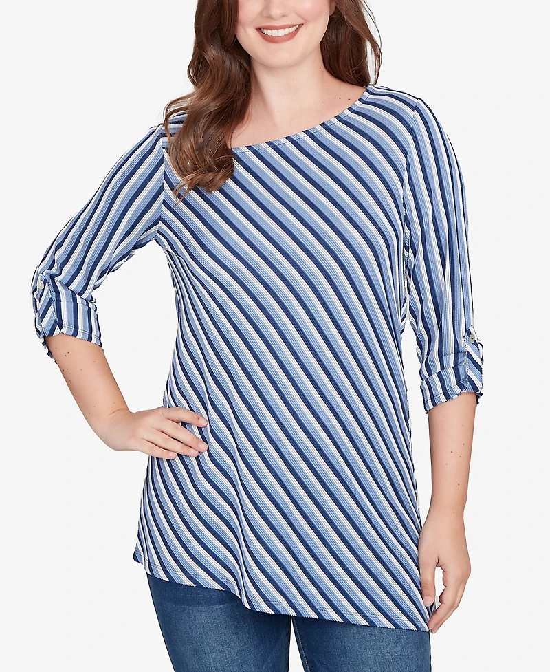 Ruby Rd. Petite Textured Stripe Roll Tab Sleeve Top